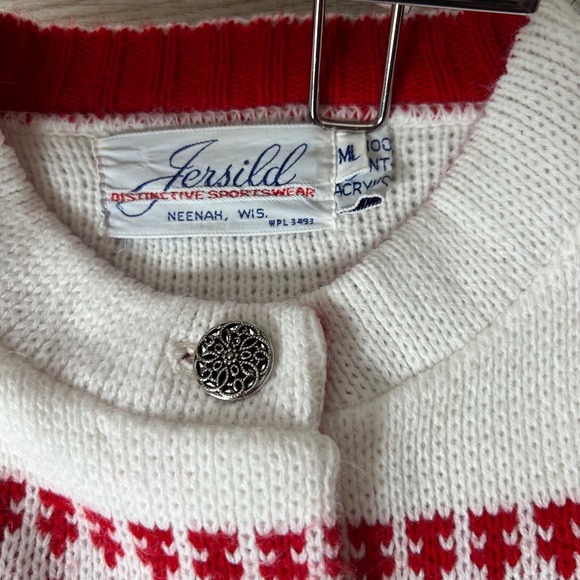 Vintage Christmas Red Jersild Cardigan Women Metal Buttons 80s Sweater‎ M - Picture 6 of 9